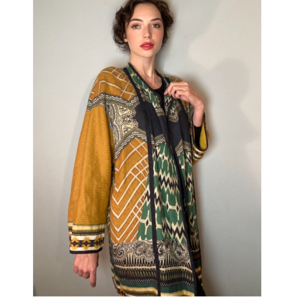 Etro Graphic Print Linen Silk Topper Jacket Open Duster Luxury Bohemian Sz 44